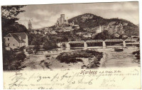 NÖ: Gruß aus Hardegg an der Thaya Fotokarte 1902 Ruine Eisenbahnbrücke usw...