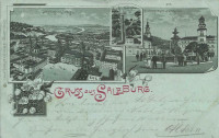 Salzburg: Gruß aus Salzburg Litho 1906 Festung, Glockenspielthurm und Hofbrunnen